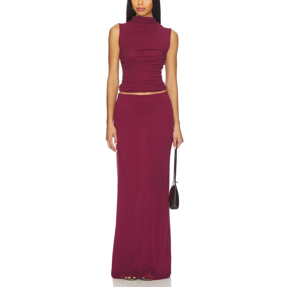 ENZA COSTA Cashmere Bias Skirt Women Large Barolo Burgundy Maxi Knit NEW